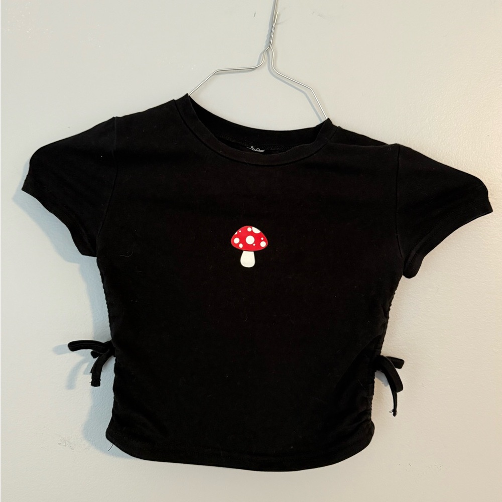 SHENHE Girl's Mushroom Print Short Sleev Crop Tops Ruched Drawstring Tee